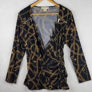 1X Top Designer Faux Wrap Long Sleeve Pullover Zippers Black Gold Career Money